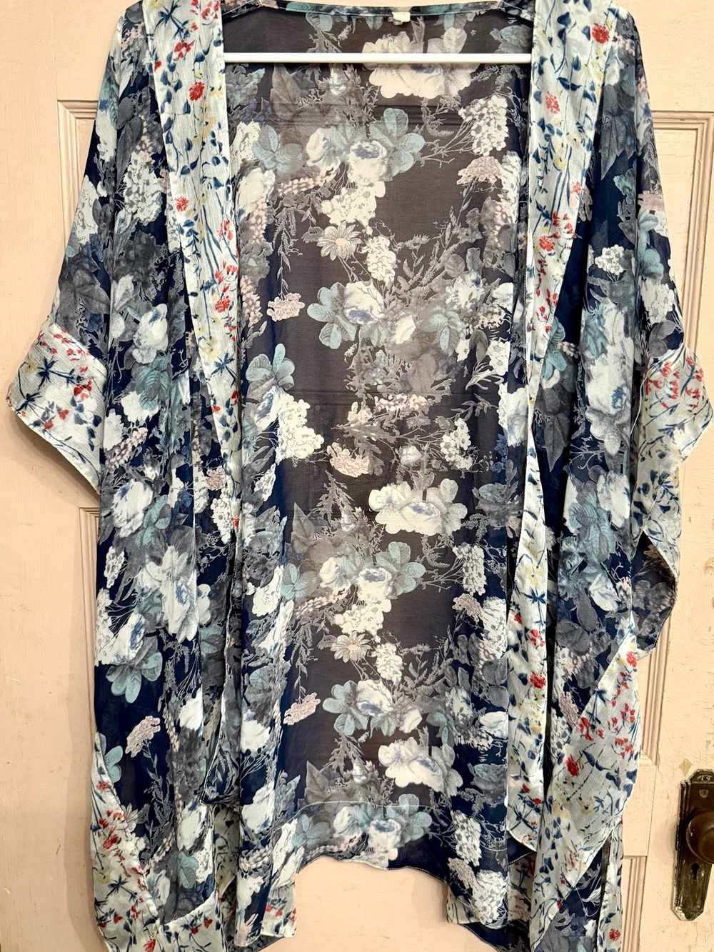 Floral Sheer Kimono Cardigan in Navy and Light Blue
